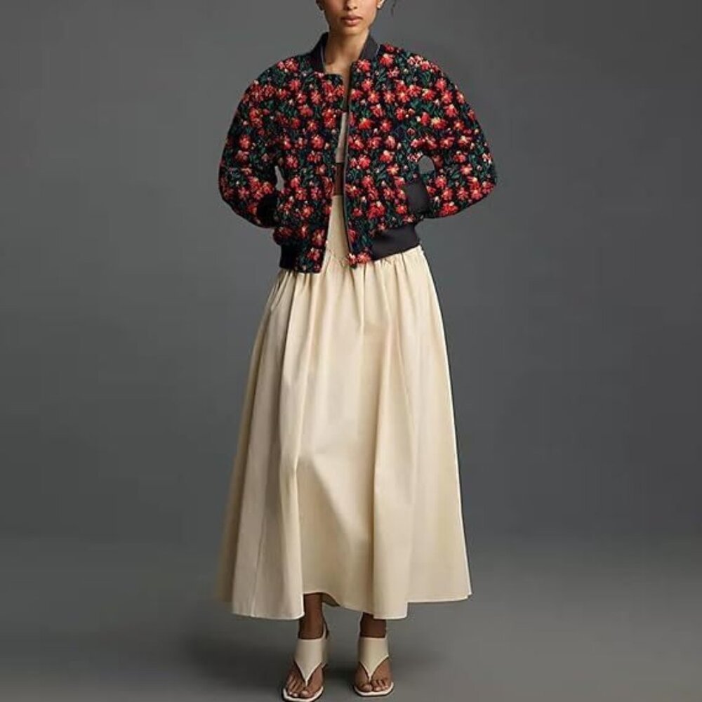 Women's Daisy Cropped Bomber Jacket Long Sleeve Zip Up Sz L